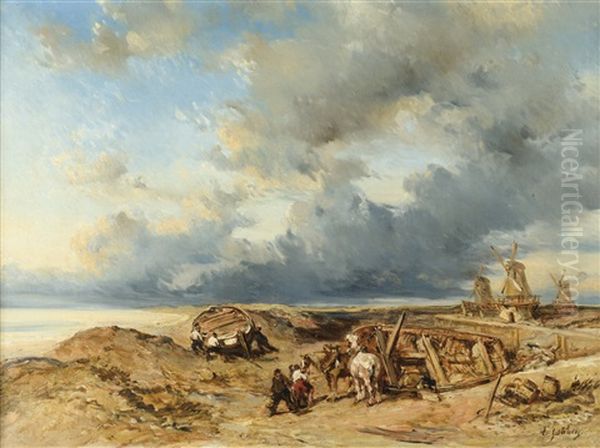 Attelage De Chevaux En Bord De Mer, Hollande Oil Painting by Louis-Gabriel-Eugene Isabey