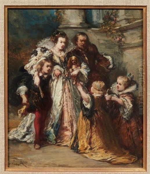 Elegante Famille En Habits Du Xvie Siecle by Louis-Gabriel-Eugene Isabey