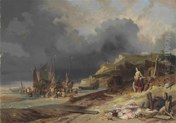 Scene De Plage, Pecheurs Dechargeant Leurs Bateaux by Louis-Gabriel-Eugene Isabey