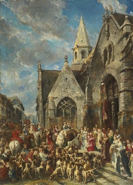 St. Hubert's Day (the Blessing Of The Hounds) Oil Painting by Louis-Gabriel-Eugene Isabey