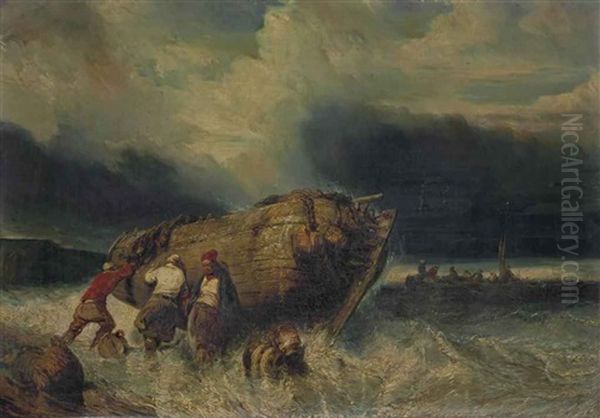 Pecheurs Poussant Une Barque Oil Painting by Louis-Gabriel-Eugene Isabey