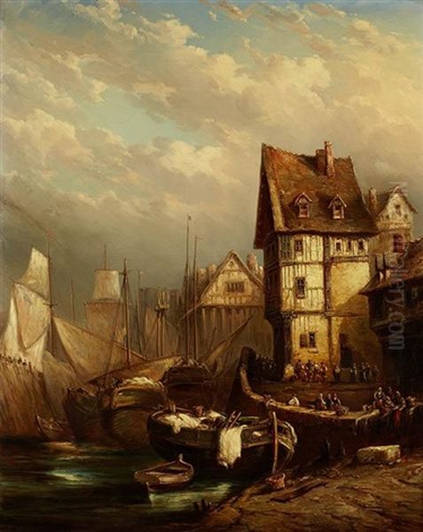 Scenes De Ports En Normandie (pair) Oil Painting by Louis-Gabriel-Eugene Isabey