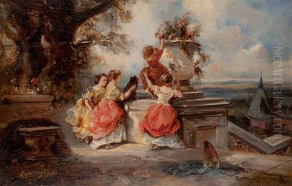 Enfants Et Vasque De Fleurs Dans Un Parc Oil Painting by Louis-Gabriel-Eugene Isabey