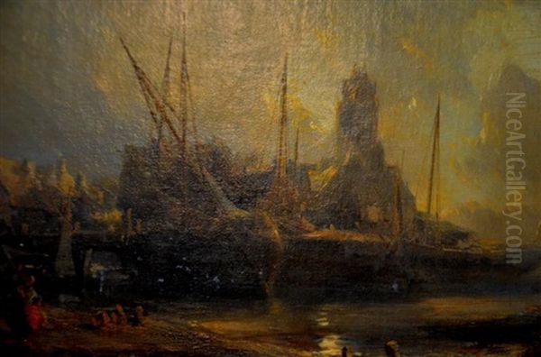 Port De Peche Anime Oil Painting by Louis-Gabriel-Eugene Isabey