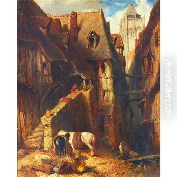 Town Scene With Rustic Watching Over His Horses Oil Painting by Louis-Gabriel-Eugene Isabey