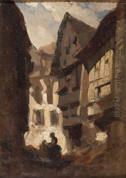 Kleine Gasse Am Stadtrand Mit Wascherinnen Oil Painting by Louis-Gabriel-Eugene Isabey