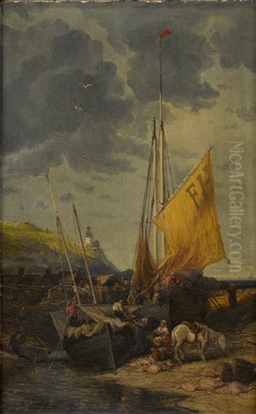 Fishing Boats On The Shore Oil Painting by Louis-Gabriel-Eugene Isabey