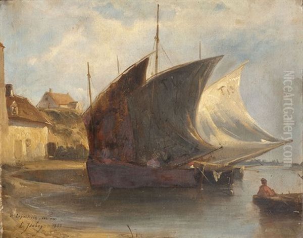 Barques Au Port Oil Painting by Louis-Gabriel-Eugene Isabey