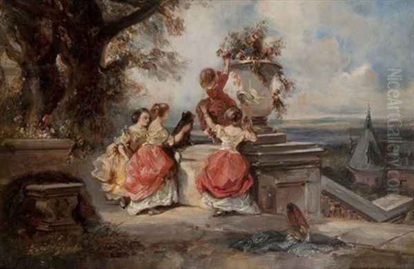 Enfants Et Vasque De Fleurs Dans Un Parc Oil Painting by Louis-Gabriel-Eugene Isabey