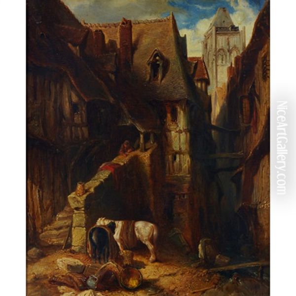 Town Scene With Rustic Watching Over His Horses Oil Painting by Louis-Gabriel-Eugene Isabey