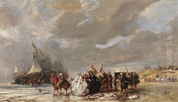 Retour De Peche Sur La Plage De Scheveningen Oil Painting by Louis-Gabriel-Eugene Isabey