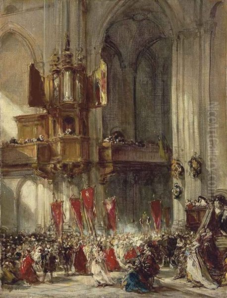 A Religious Procession Oil Painting by Louis-Gabriel-Eugene Isabey