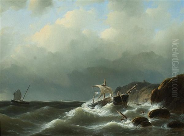 Abandoning A French Frigate Oil Painting by Louis-Gabriel-Eugene Isabey