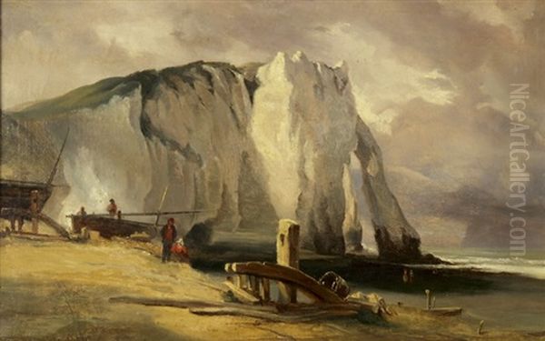 Pecheurs Et Barque Pres D'une Falaise D'etretat Oil Painting by Louis-Gabriel-Eugene Isabey