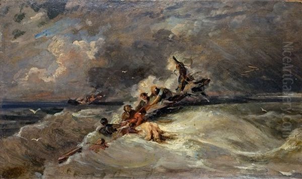 Schiffbruchige Auf Sturmischer See Oil Painting by Louis-Gabriel-Eugene Isabey