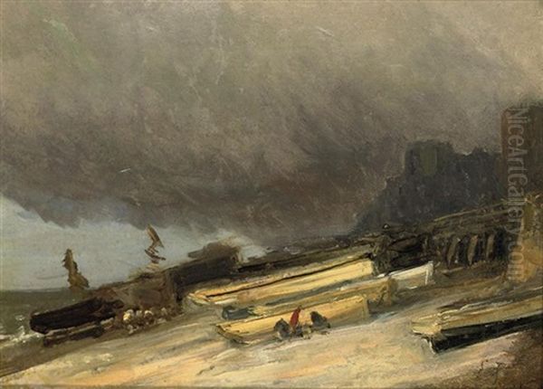 Barques Echouees Sur Le Sable Oil Painting by Louis-Gabriel-Eugene Isabey