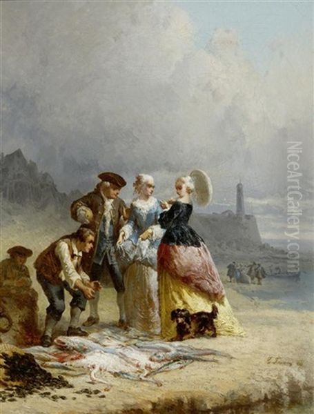 Der Fischverkauf Am Strand Oil Painting by Louis-Gabriel-Eugene Isabey