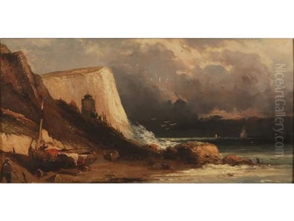 Pecheurs Et Barque Pres D'une Falaise En Normandie Oil Painting by Louis-Gabriel-Eugene Isabey