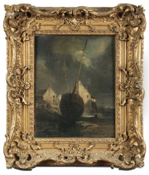 Barque A Maree Basse Oil Painting by Louis-Gabriel-Eugene Isabey