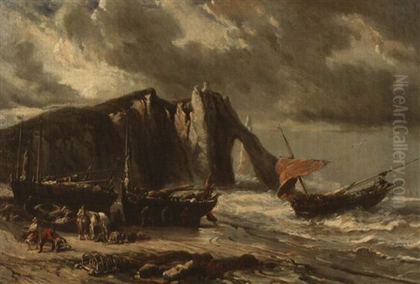 La Falaise D'etretat Oil Painting by Louis-Gabriel-Eugene Isabey