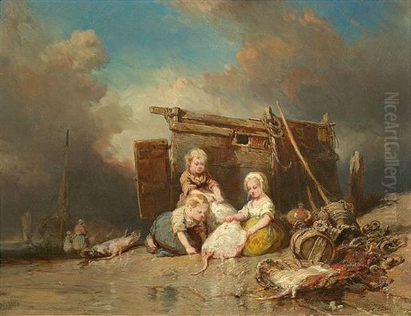 Spielende Fischerkinder Am Strand Oil Painting by Louis-Gabriel-Eugene Isabey