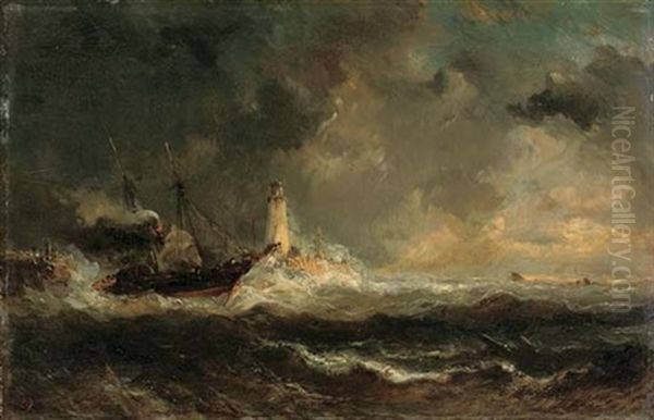 Bateau Dans Un Orage - Boat In A Storm Oil Painting by Louis-Gabriel-Eugene Isabey