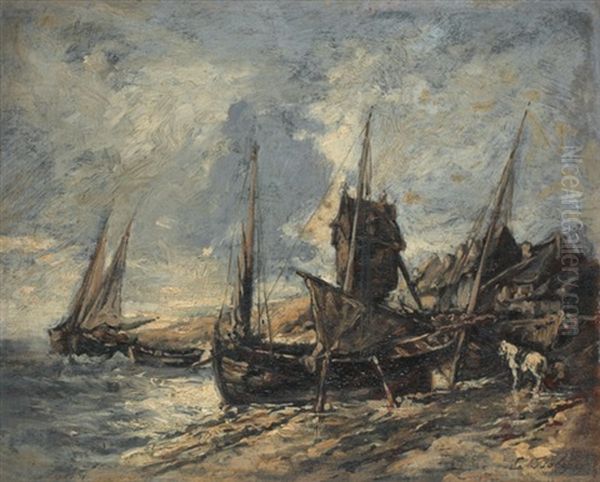 Bateaux Sur Le Rivage Oil Painting by Louis-Gabriel-Eugene Isabey