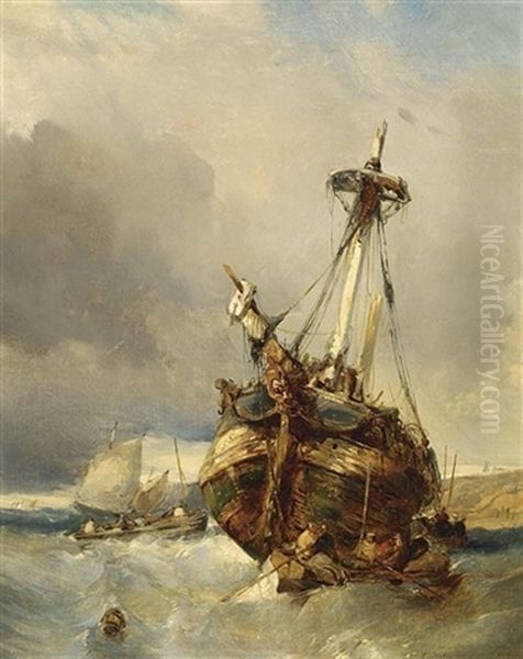 Sailing Near The Coast Oil Painting by Louis-Gabriel-Eugene Isabey