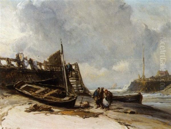 Barques Sur La Greve Oil Painting by Louis-Gabriel-Eugene Isabey