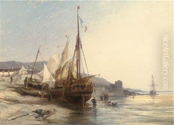 Fishing Boats On The Beach At Low Tide Oil Painting by Louis-Gabriel-Eugene Isabey