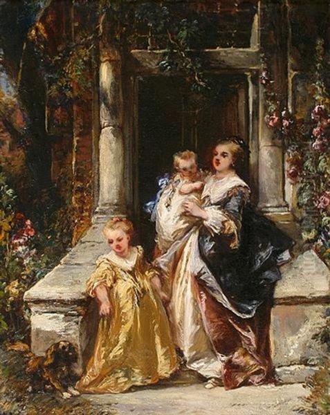 Mother With Two Children And A Dog Oil Painting by Louis-Gabriel-Eugene Isabey