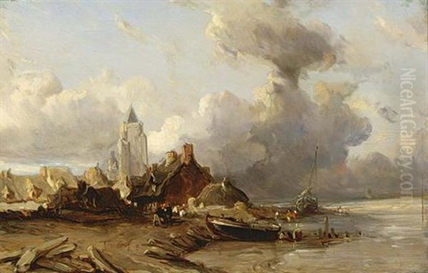 A Village By The Sea Oil Painting by Louis-Gabriel-Eugene Isabey