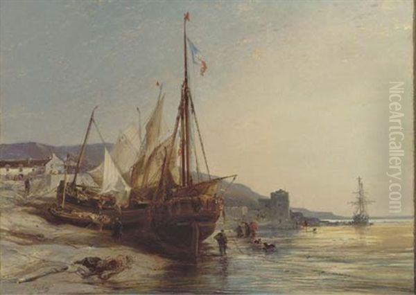 Beached Boats Oil Painting by Louis-Gabriel-Eugene Isabey