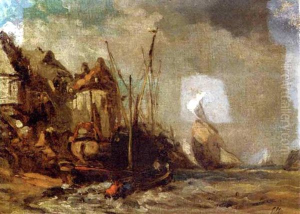 Vessels At A Coastal Town Oil Painting by Louis-Gabriel-Eugene Isabey