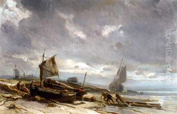 Boats On The Shore Oil Painting by Louis-Gabriel-Eugene Isabey