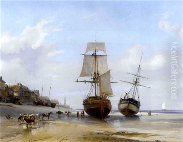 Bateaux Echoues (honfleur, Low Tide) Oil Painting by Louis-Gabriel-Eugene Isabey