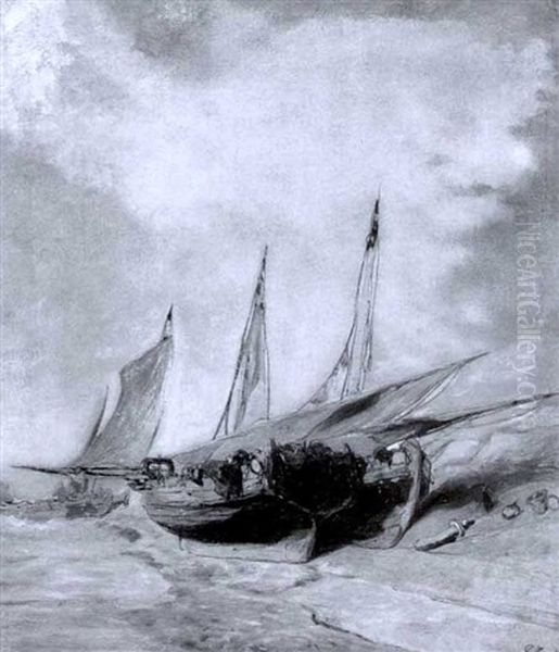 Fishing Boats At Low Tide (+ Ship On The High Seas, Smaller, Stamped; 2 Works) Oil Painting by Louis-Gabriel-Eugene Isabey