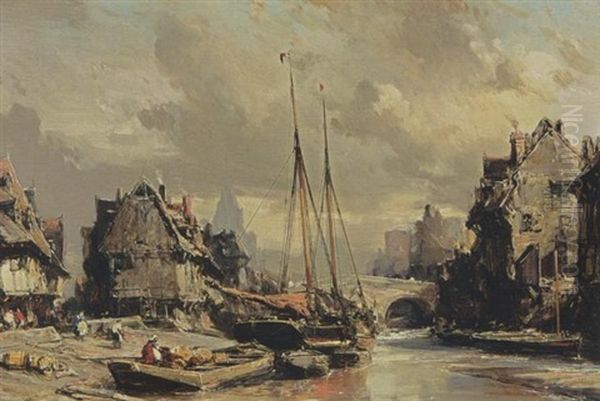 A Harbour Scene In A Town Oil Painting by Louis-Gabriel-Eugene Isabey