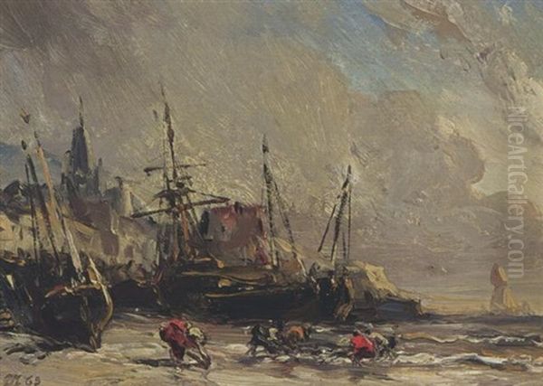 A Beach Scene Oil Painting by Louis-Gabriel-Eugene Isabey