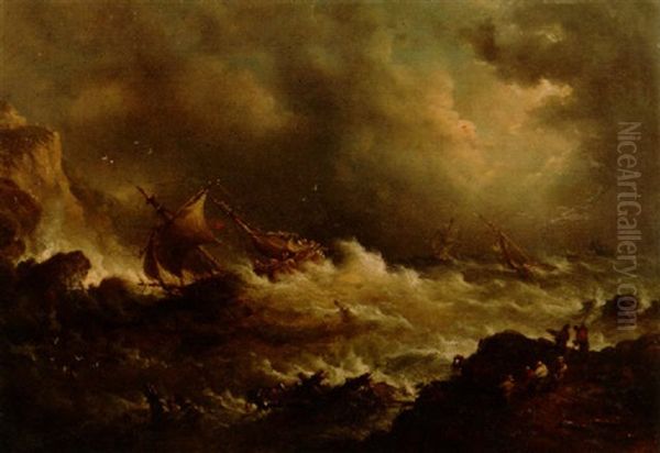 Shipping In Rough Seas Oil Painting by Louis-Gabriel-Eugene Isabey