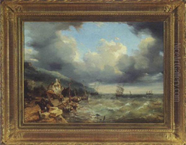 Boats In Stormy Weather Off A Northern Coast Oil Painting by Louis-Gabriel-Eugene Isabey