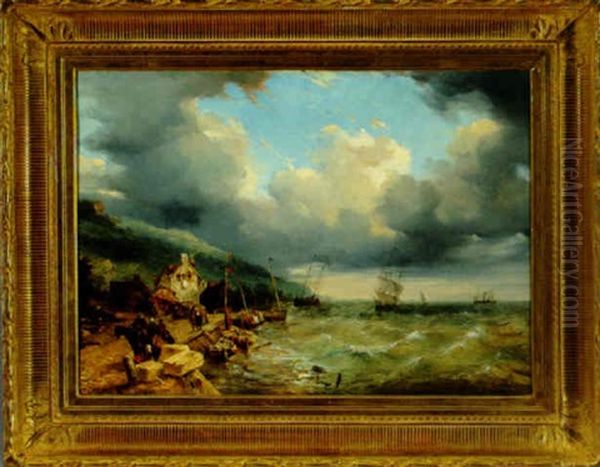 Boats In Stormy Weather Off A Northern Coast Oil Painting by Louis-Gabriel-Eugene Isabey