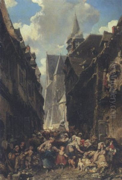 Topfermarkt In Einer Altstadtgasse (in Der Normandie?) Oil Painting by Louis-Gabriel-Eugene Isabey