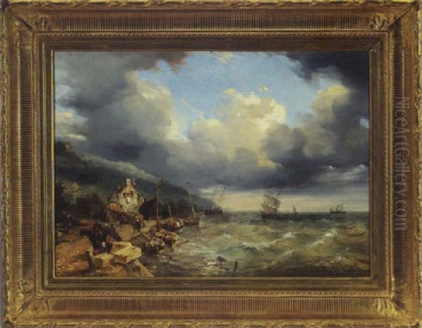 Boats In Stormy Weather Off A Northern Coast Oil Painting by Louis-Gabriel-Eugene Isabey