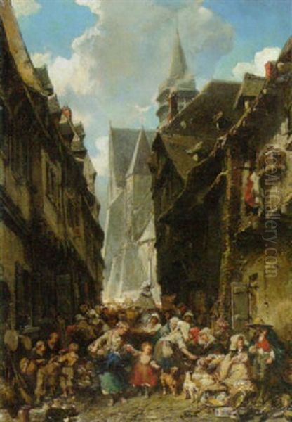 Topfermarkt In Einer Altstadtgasse (normandie?) Oil Painting by Louis-Gabriel-Eugene Isabey