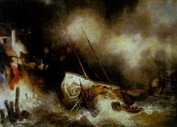 A Stormy Night With Three Fishing Boats In Distress Oil Painting by Louis-Gabriel-Eugene Isabey