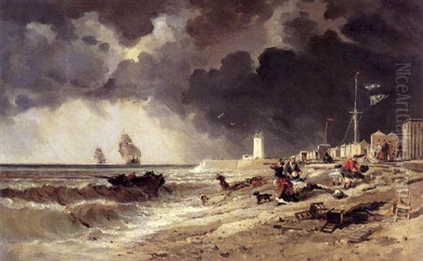 Coup De Vent Sur La Plage Du Treport Oil Painting by Louis-Gabriel-Eugene Isabey