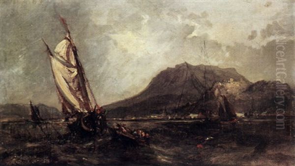 A Coastal Scene With Shipping Offshore And A Mountain Beyond Oil Painting by Louis-Gabriel-Eugene Isabey