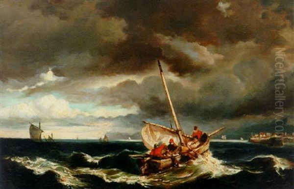 Shipping On Stormy Seas Oil Painting by Louis-Gabriel-Eugene Isabey