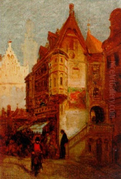 La Tour De L'horologe A Rouen Oil Painting by Louis-Gabriel-Eugene Isabey